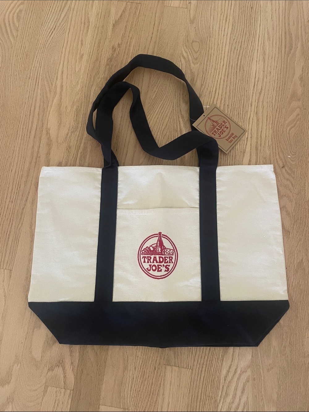 Trader Joe's Large Canvas Tote Bag in Navy and Black NWT